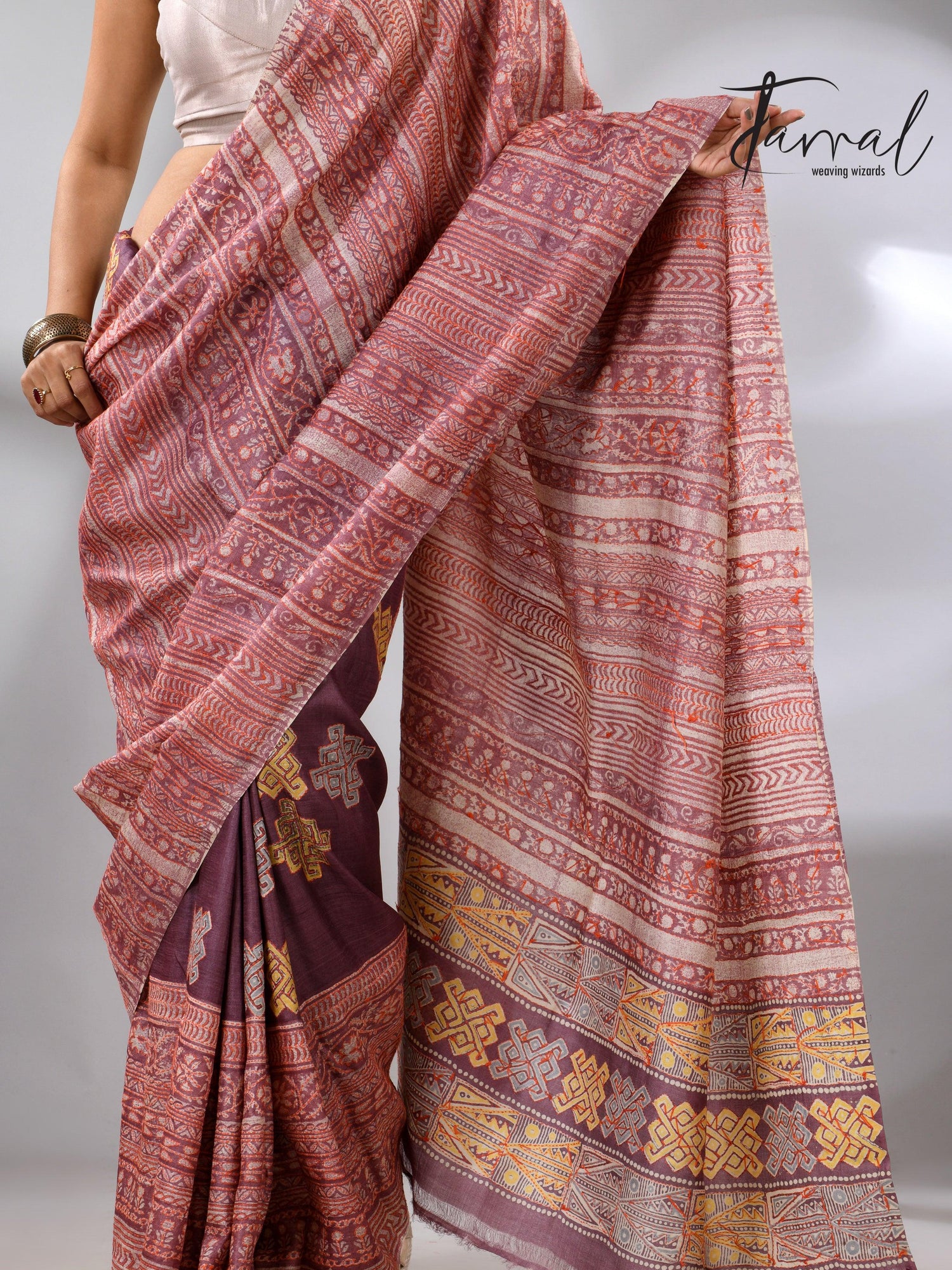 Light with dark brown pure Tussar batik silk handcrafted saree bottom