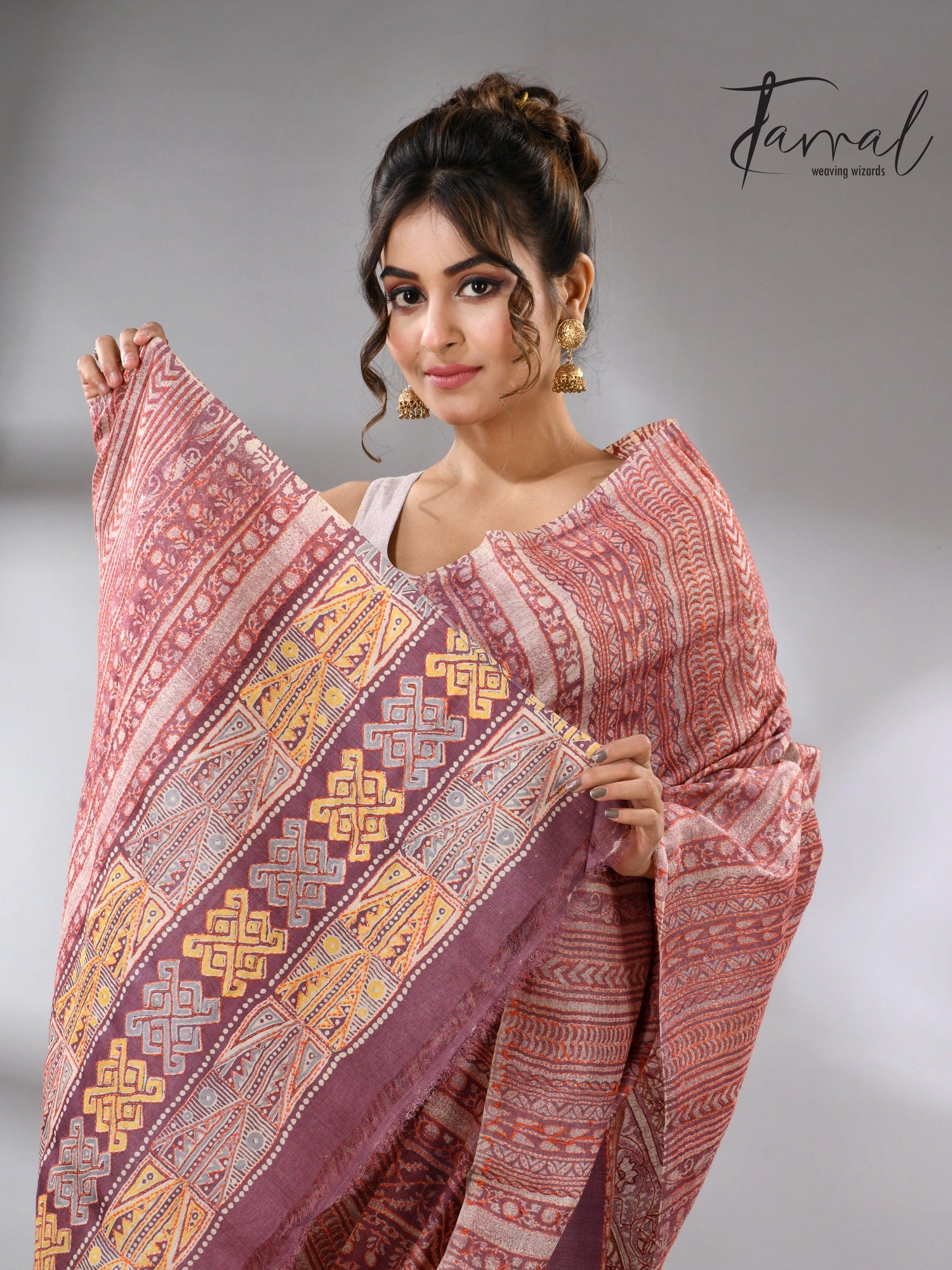 Light with dark brown pure Tussar batik silk handcrafted saree clp