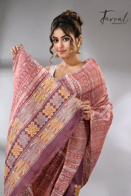 Light with dark brown pure Tussar batik silk handcrafted saree clp