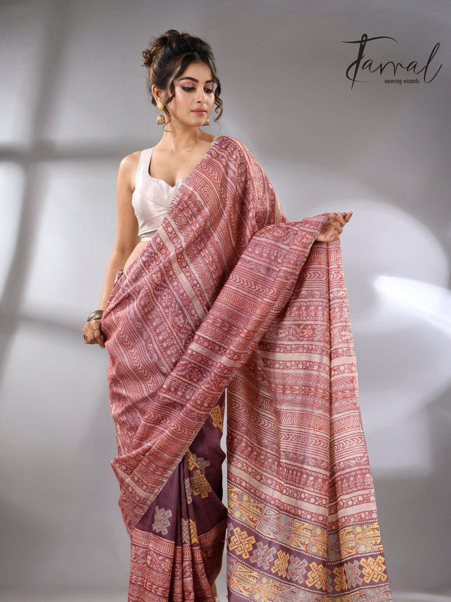 Light with dark brown pure Tussar batik silk handcrafted saree full