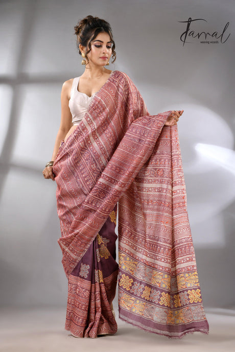 Light with dark brown pure Tussar batik silk handcrafted saree full
