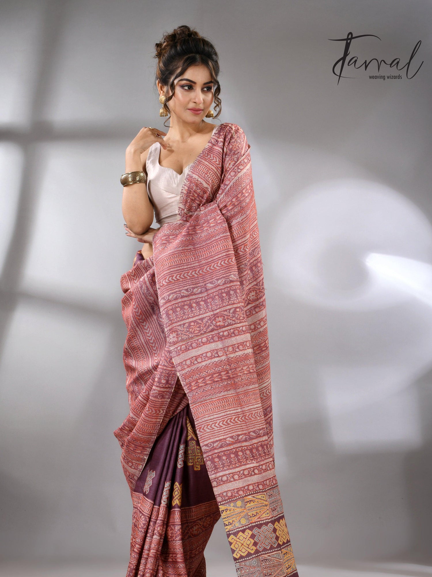 Light with dark brown pure Tussar batik silk handcrafted saree full2