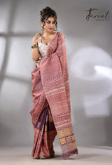Light with dark brown pure Tussar batik silk handcrafted saree full2