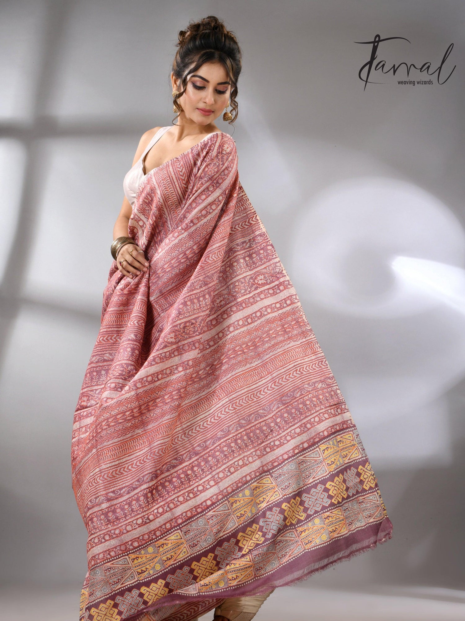 Light with dark brown pure Tussar batik silk handcrafted saree left