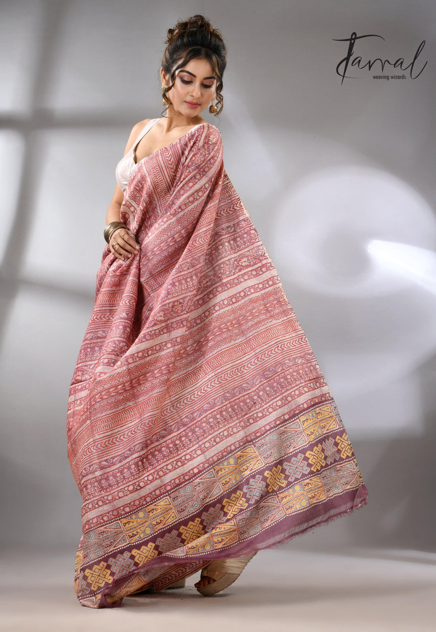 Light with dark brown pure Tussar batik silk handcrafted saree left