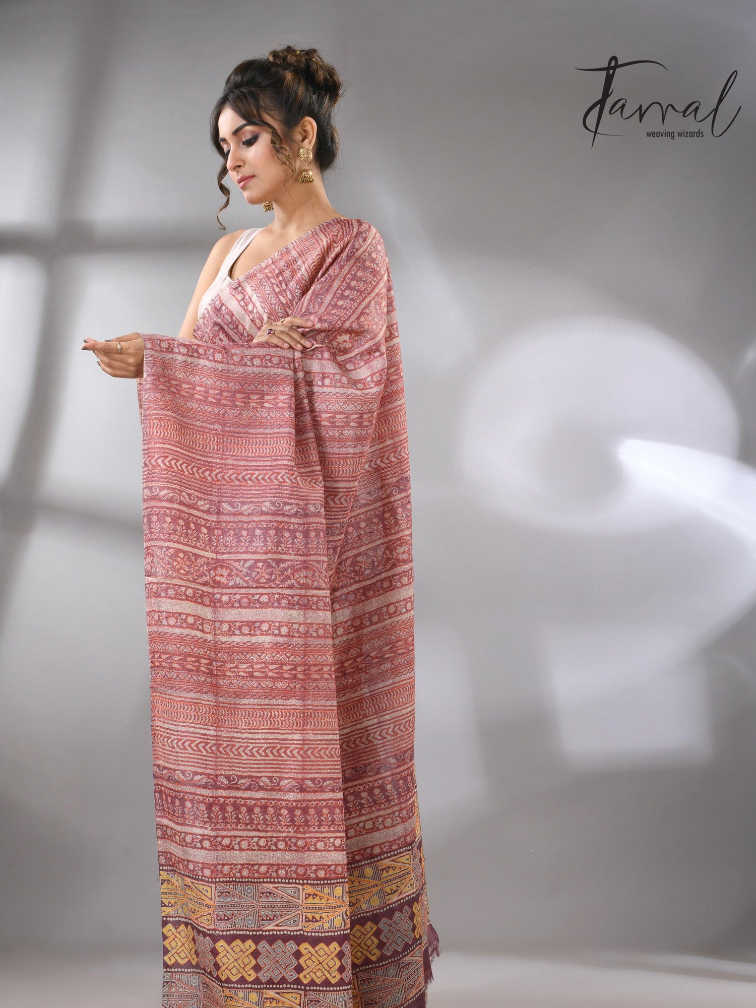 Light with dark brown pure Tussar batik silk handcrafted saree left2