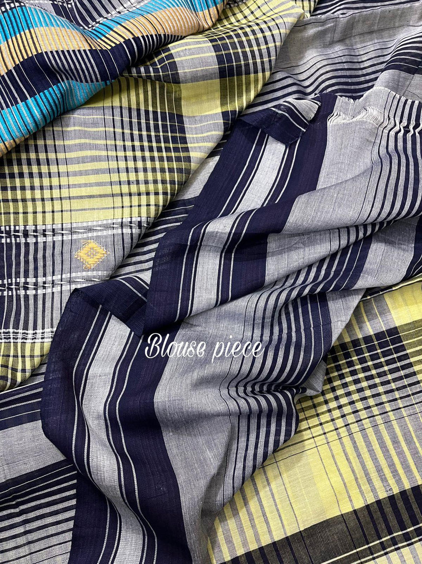 Light yellow with black checks bhujoudi design fulia cotton handloom saree - Tamal Boutique