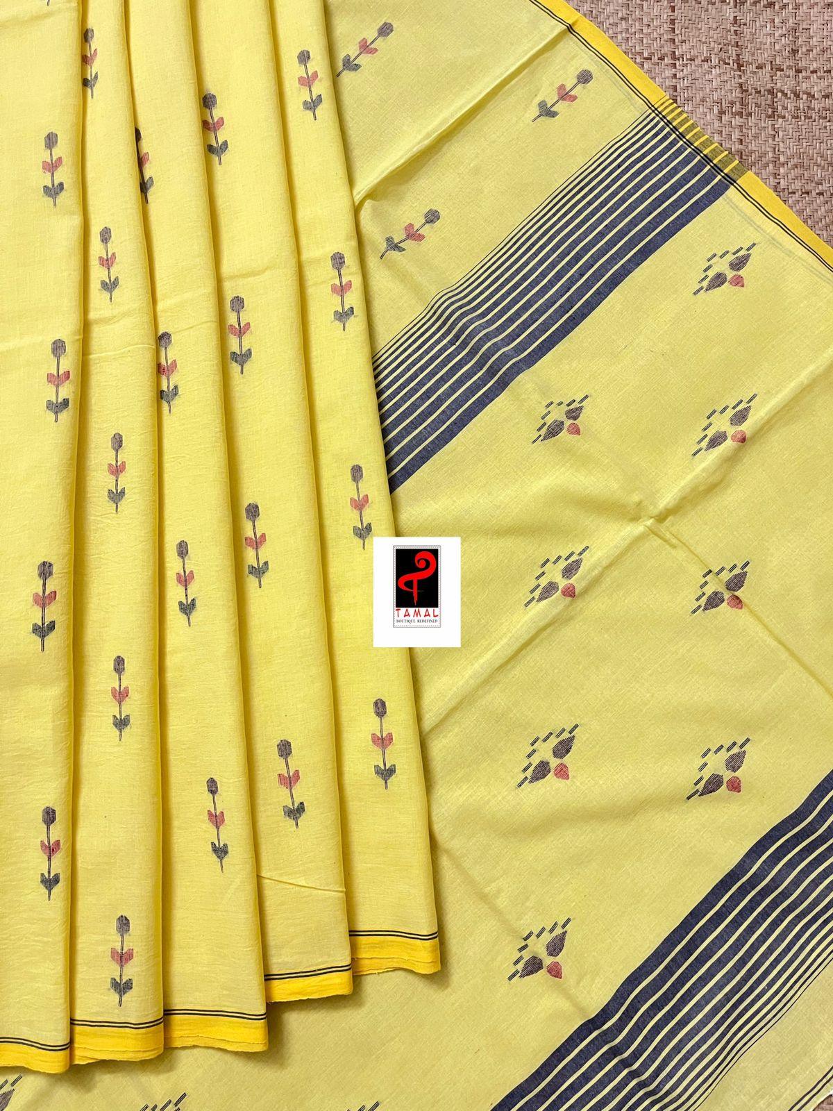 Light yellow colour pure cotton handwoven jamdani saree