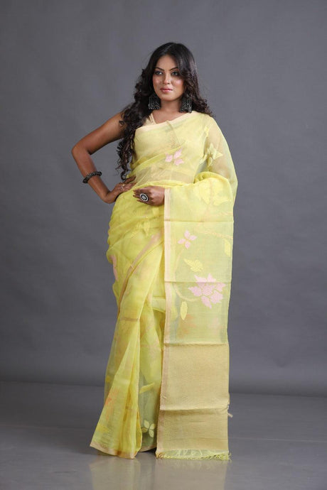 Light yellowing with allover floral motifs handwoven muslin silk jamdani saree - Tamal Boutique