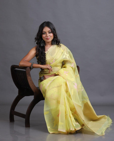 Light yellowing with allover floral motifs handwoven muslin silk jamdani saree - Tamal Boutique