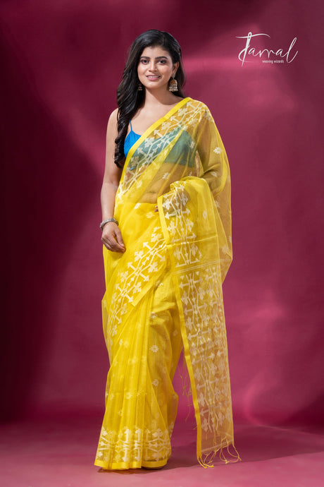 Light yellow handloom work organza muslin silk jamdani saree full