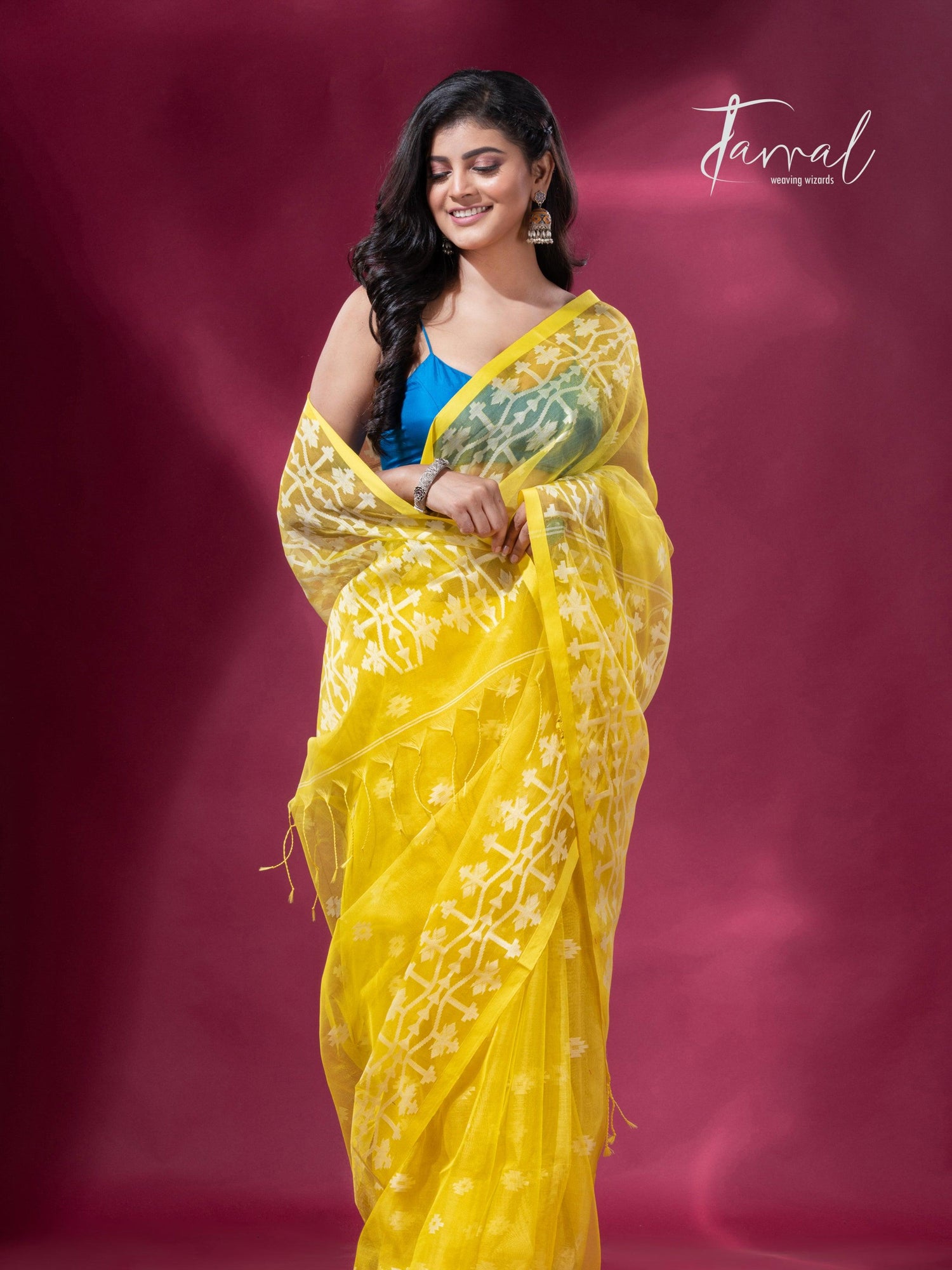 Light yellow handloom work organza muslin silk jamdani saree full1