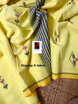 Light yellow with blue & red bel leaves handwoven jamdani design in cotton saree - Tamal Boutique