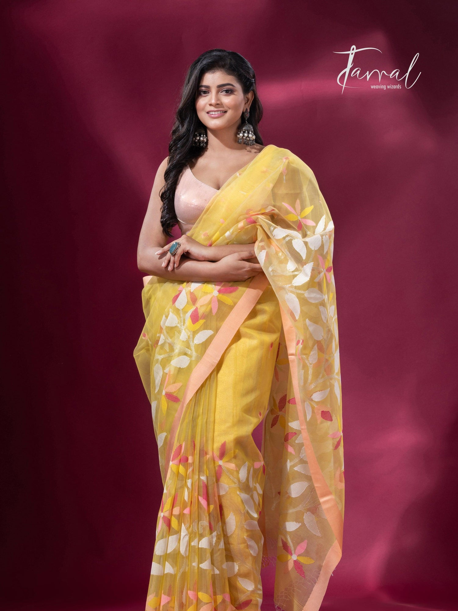 Light yellow pure organza muslin silk handwoven jamdani saree