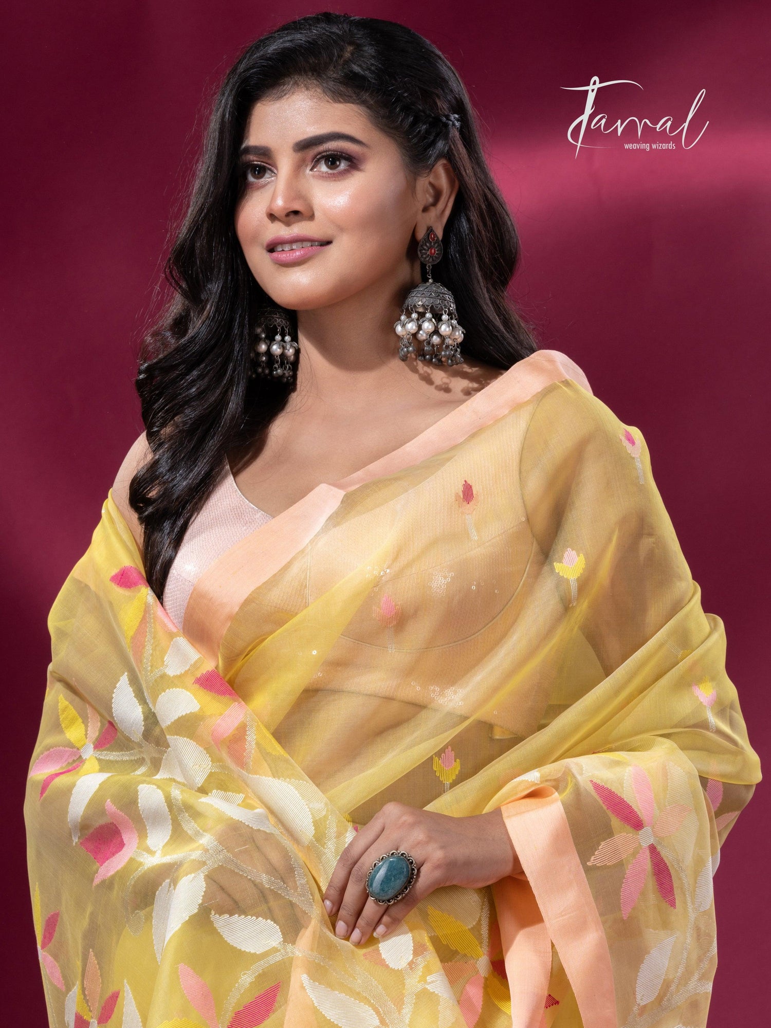 Light yellow pure organza muslin silk handwoven jamdani saree cls