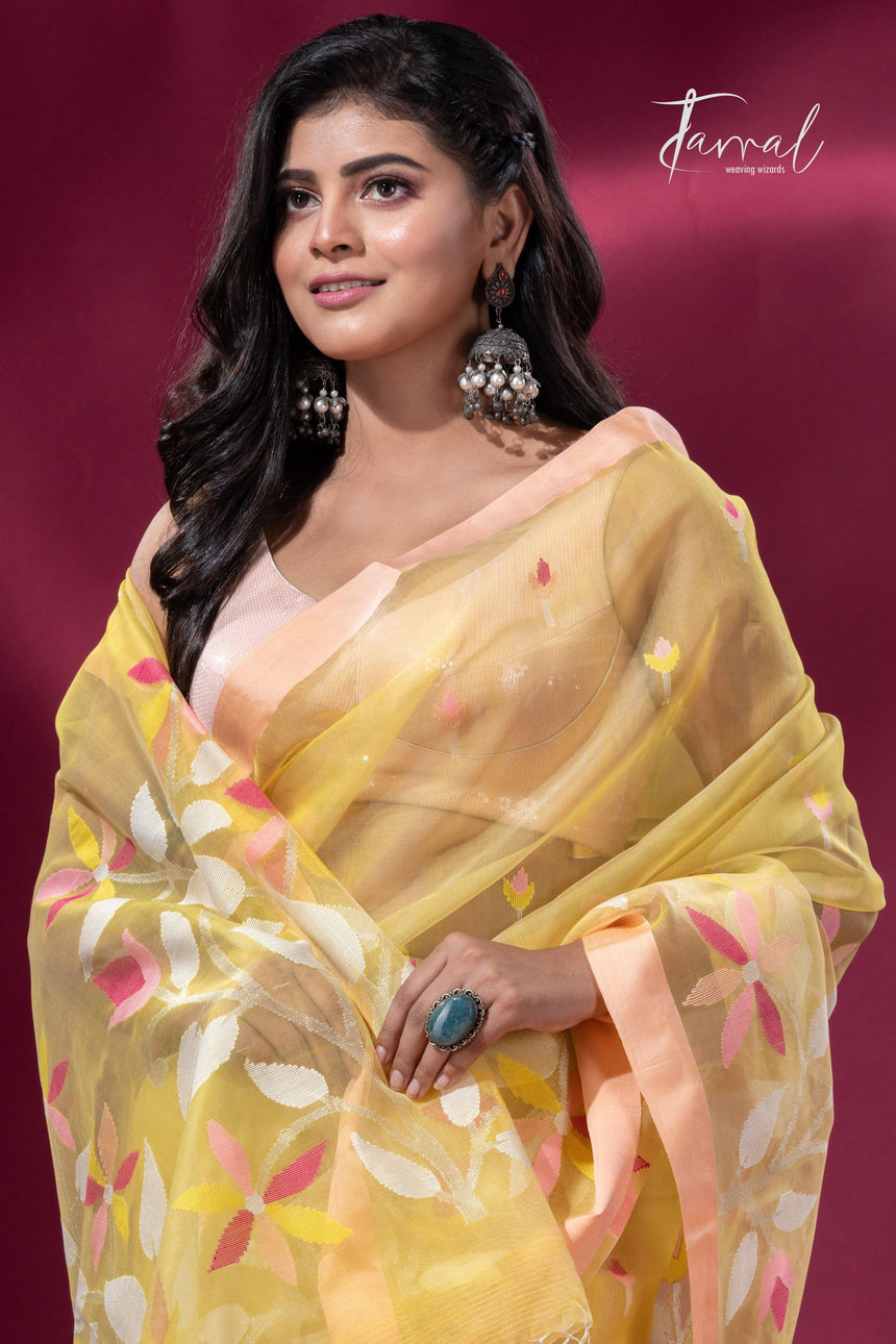 Light yellow pure organza muslin silk handwoven jamdani saree cls