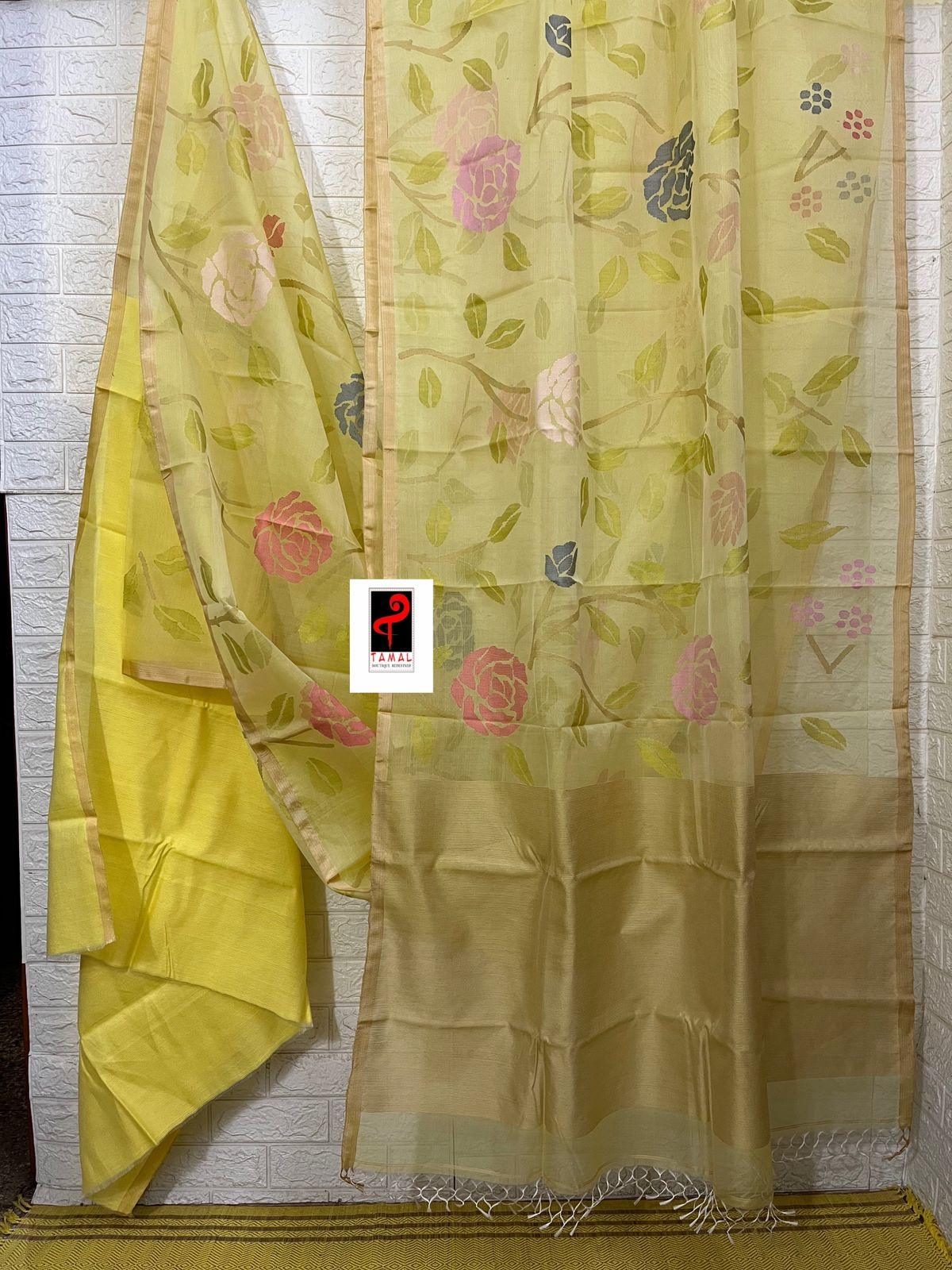 Light yellow with multi colour allover rose motifs muslin silk handwoven jamdani saree - Tamal Boutique