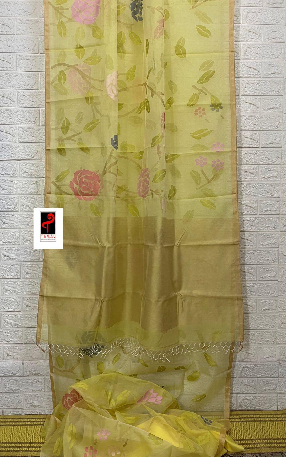 Light yellow with multi colour allover rose motifs muslin silk handwoven jamdani saree - Tamal Boutique