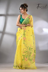 Light yellow with tusser border & multicolour floral muslin silk handwoven jamdani saree - Tamal Boutique