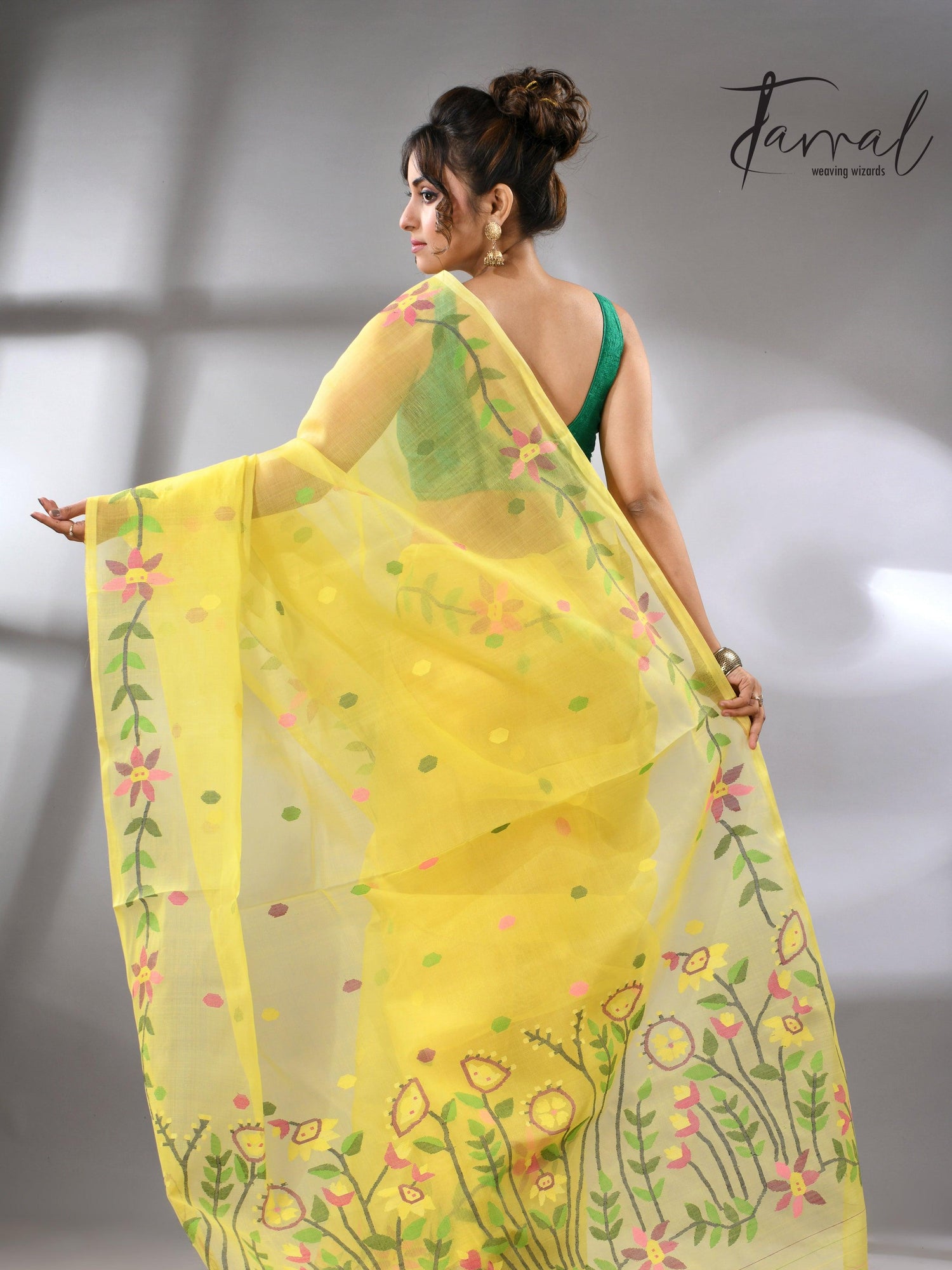Light yellow with tusser border & multicolour floral muslin silk handwoven jamdani saree - Tamal Boutique