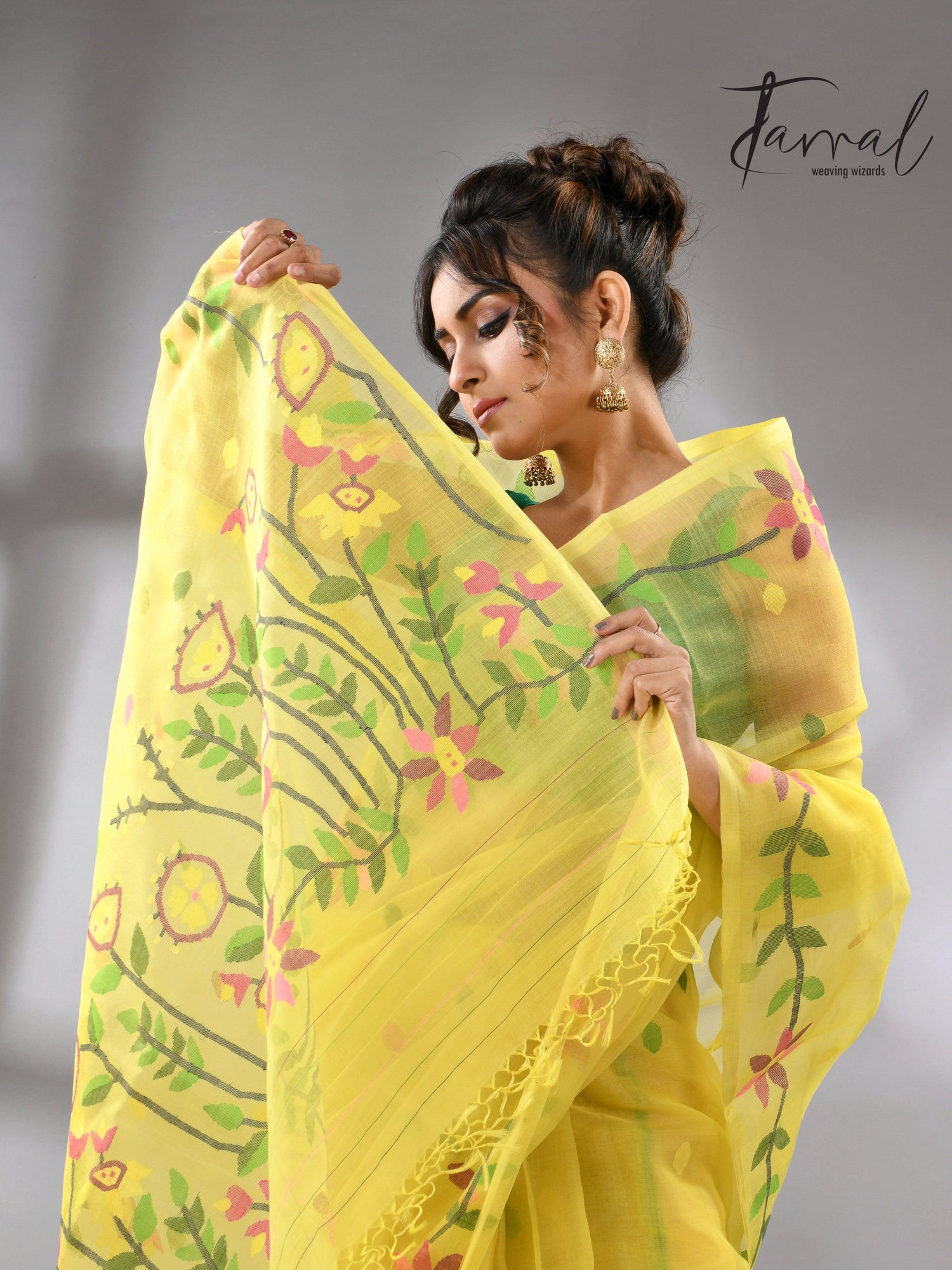 Light yellow with tusser border & multicolour floral muslin silk handwoven jamdani saree - Tamal Boutique