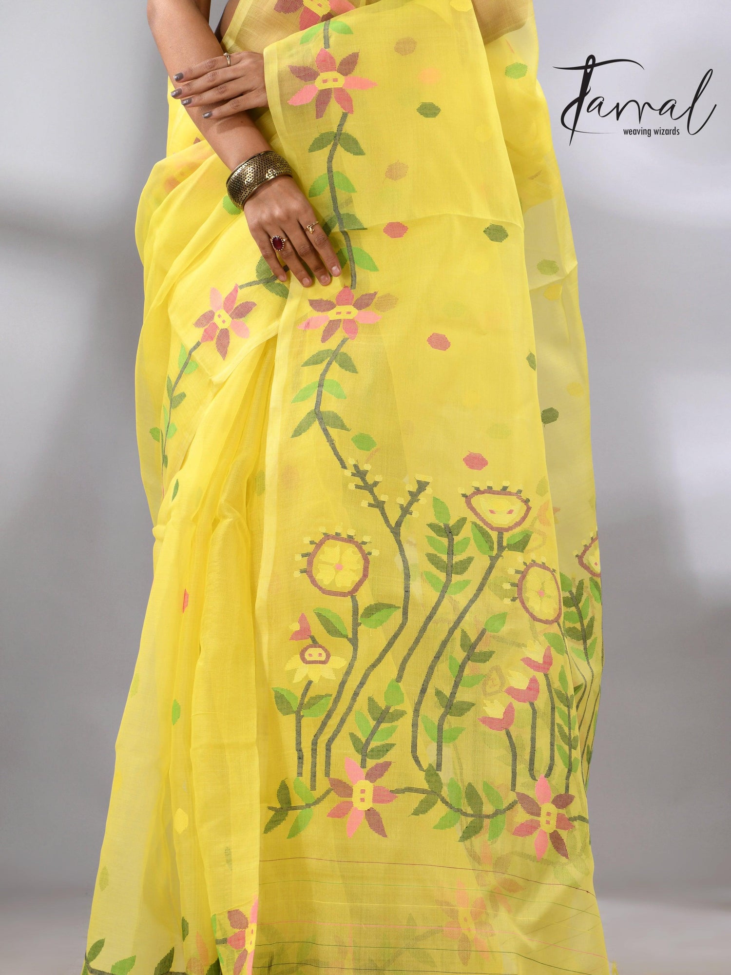 Light yellow with tusser border & multicolour floral muslin silk handwoven jamdani saree - Tamal Boutique