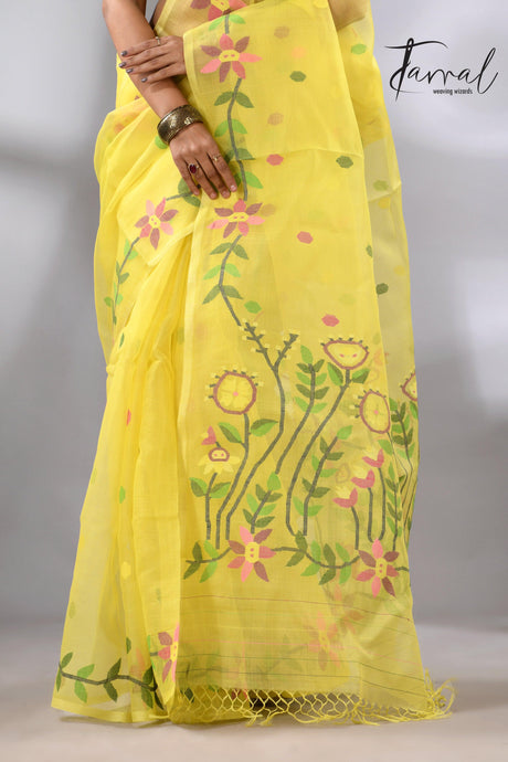 Light yellow with tusser border & multicolour floral muslin silk handwoven jamdani saree - Tamal Boutique