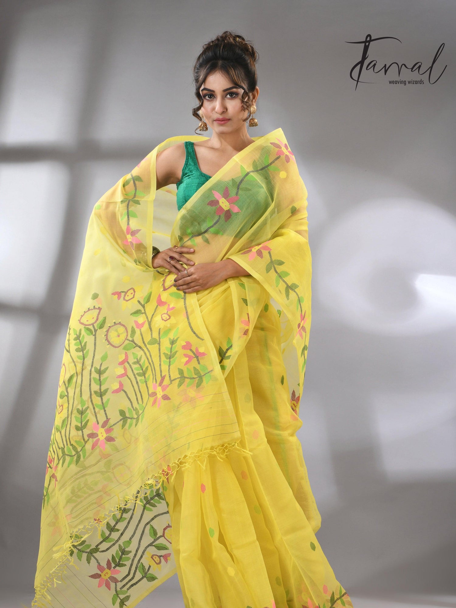 Light yellow with tusser border & multicolour floral muslin silk handwoven jamdani saree - Tamal Boutique