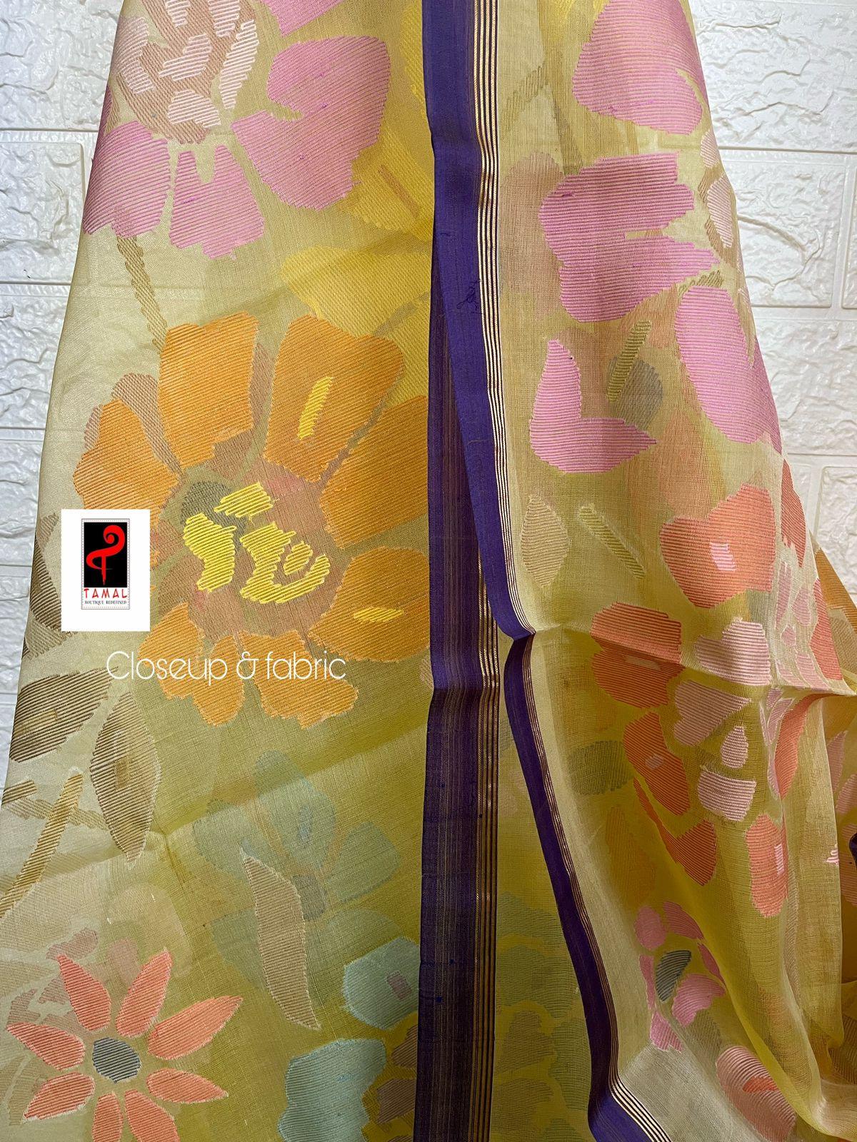 Light yellow with purple border allover seasonal floral handwoven jamdani saree in muslin silk - Tamal Boutique