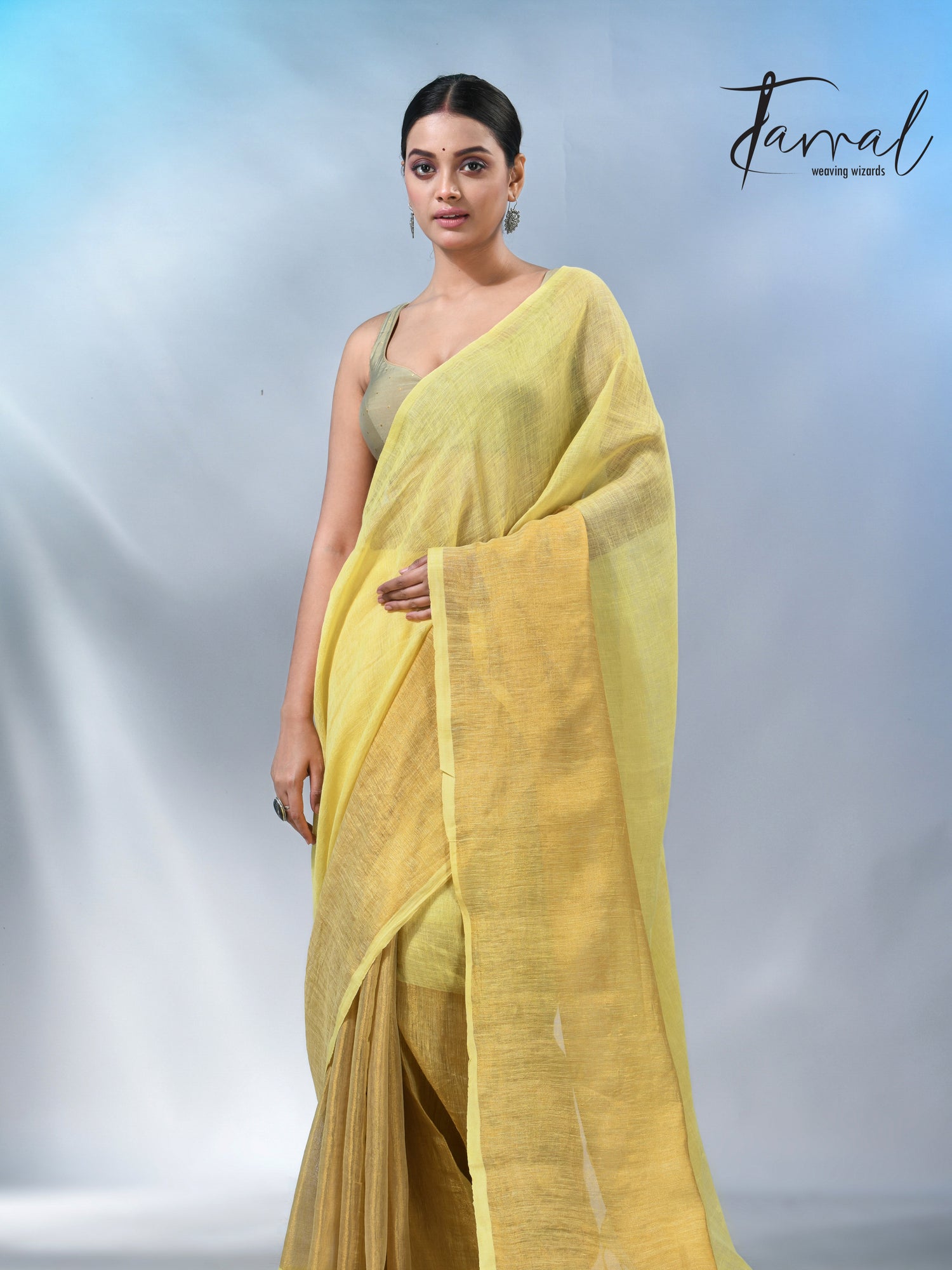 Light yellow with half golden zari pure linen handloom saree