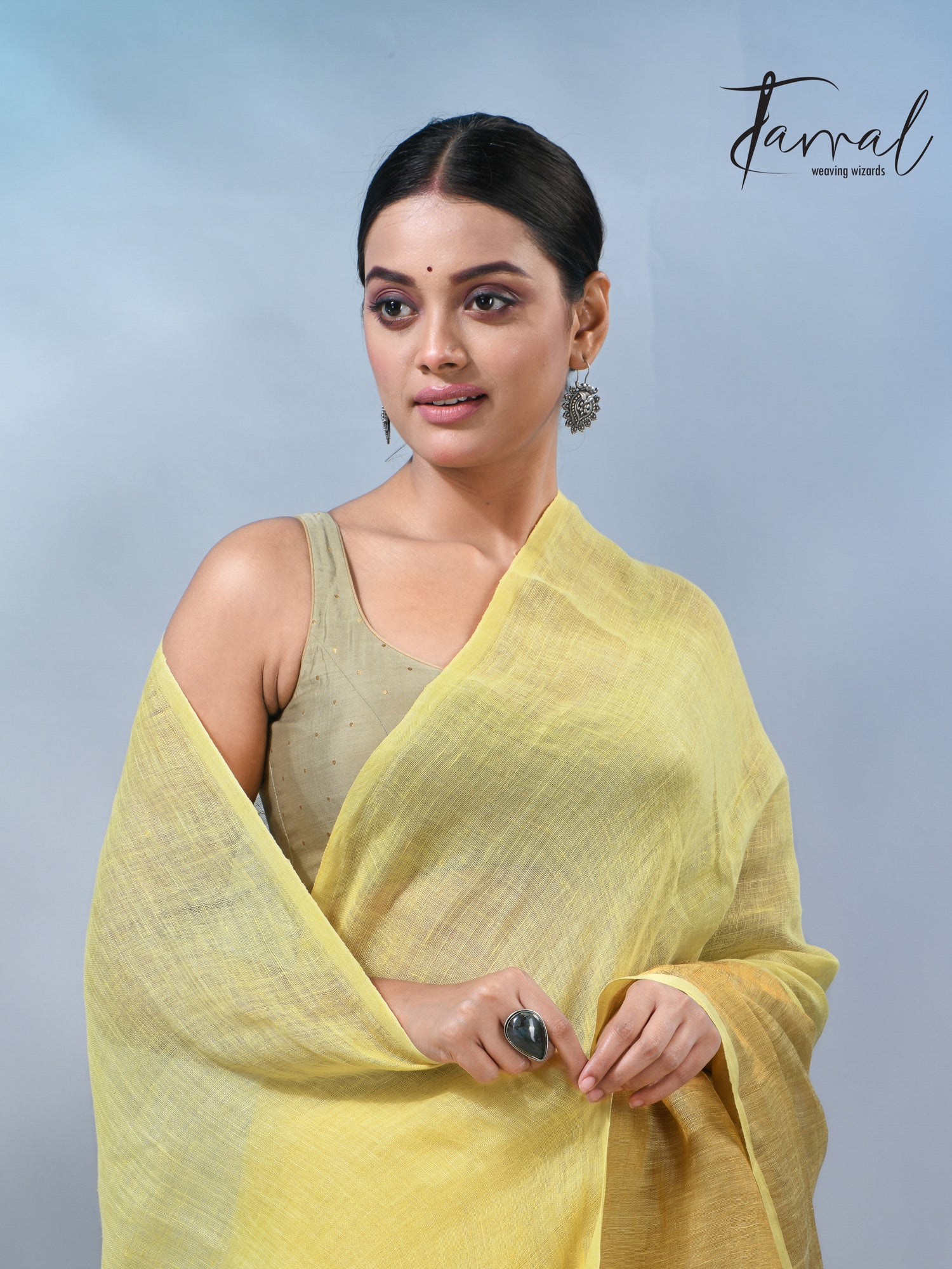 Light yellow with half golden zari pure linen handloom saree