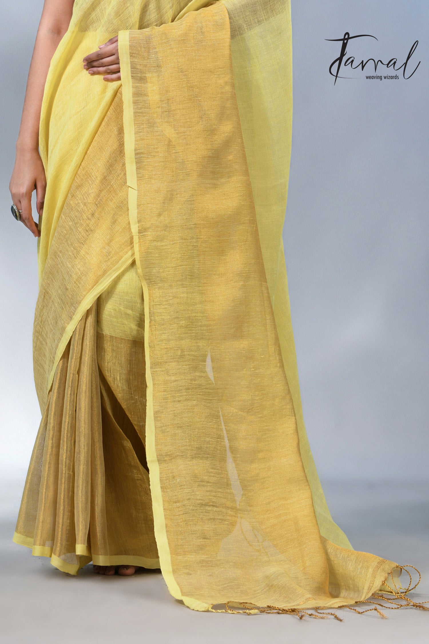 Light yellow with half golden zari pure linen handloom saree