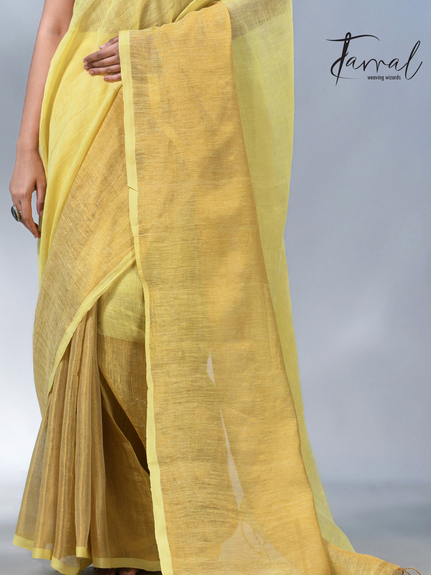 Light yellow with half golden zari pure linen handloom saree