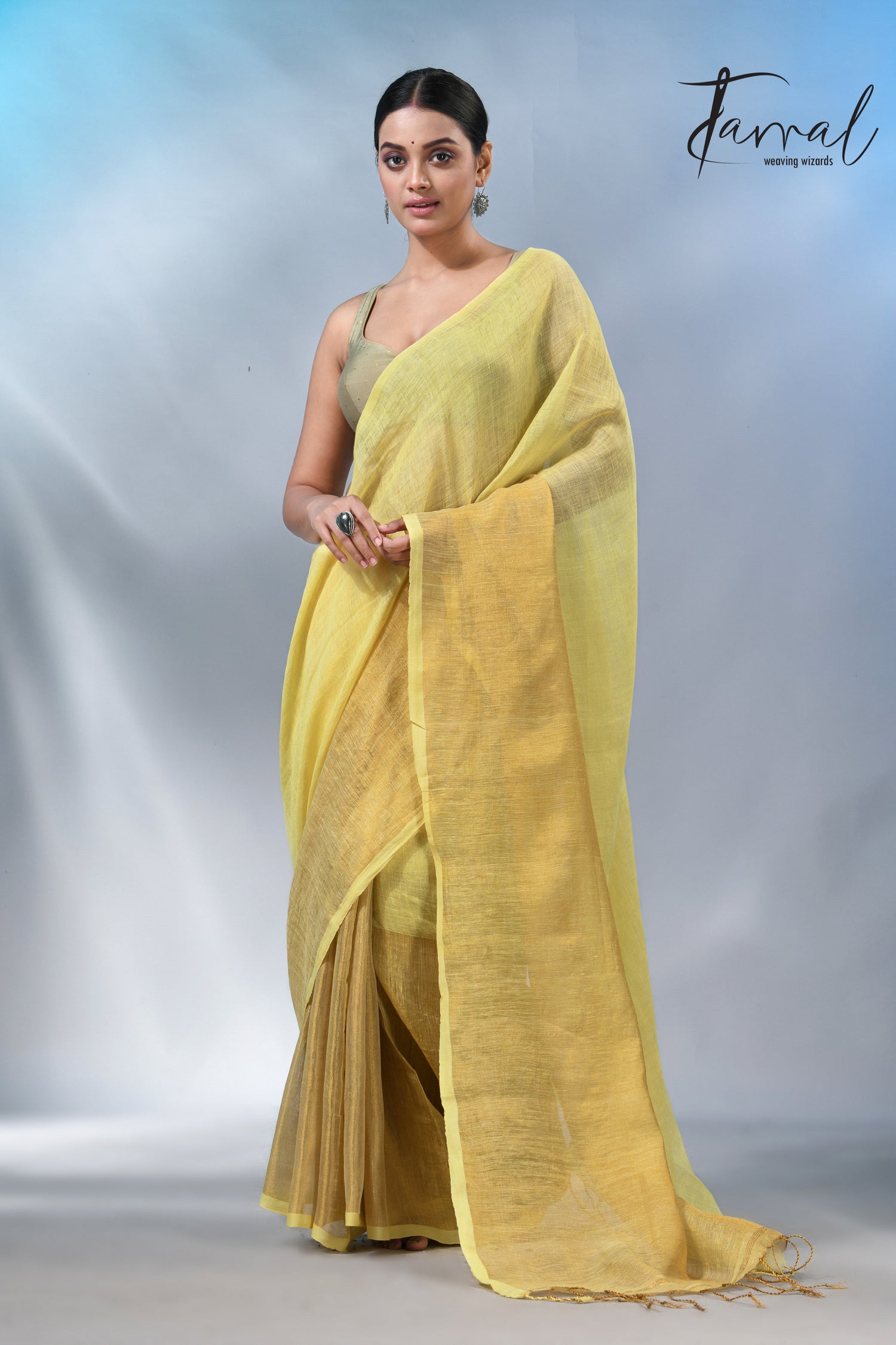 Light yellow with half golden zari pure linen handloom saree