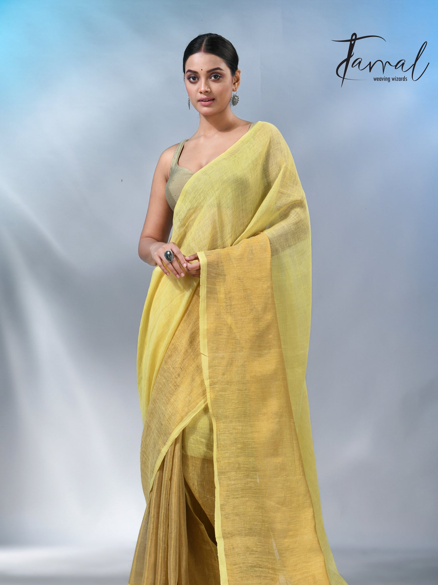 Light yellow with half golden zari pure linen handloom saree