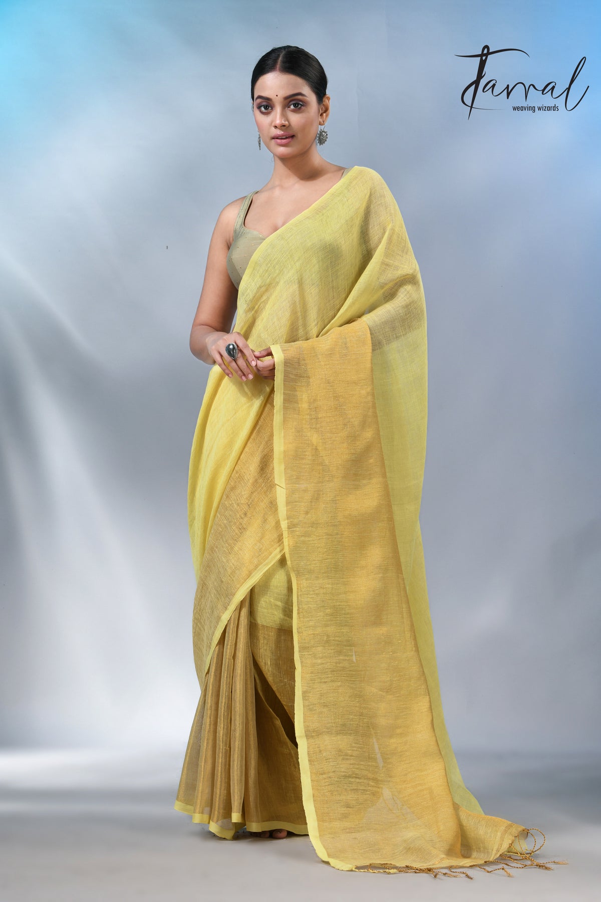 Light yellow with half golden zari pure linen handloom saree