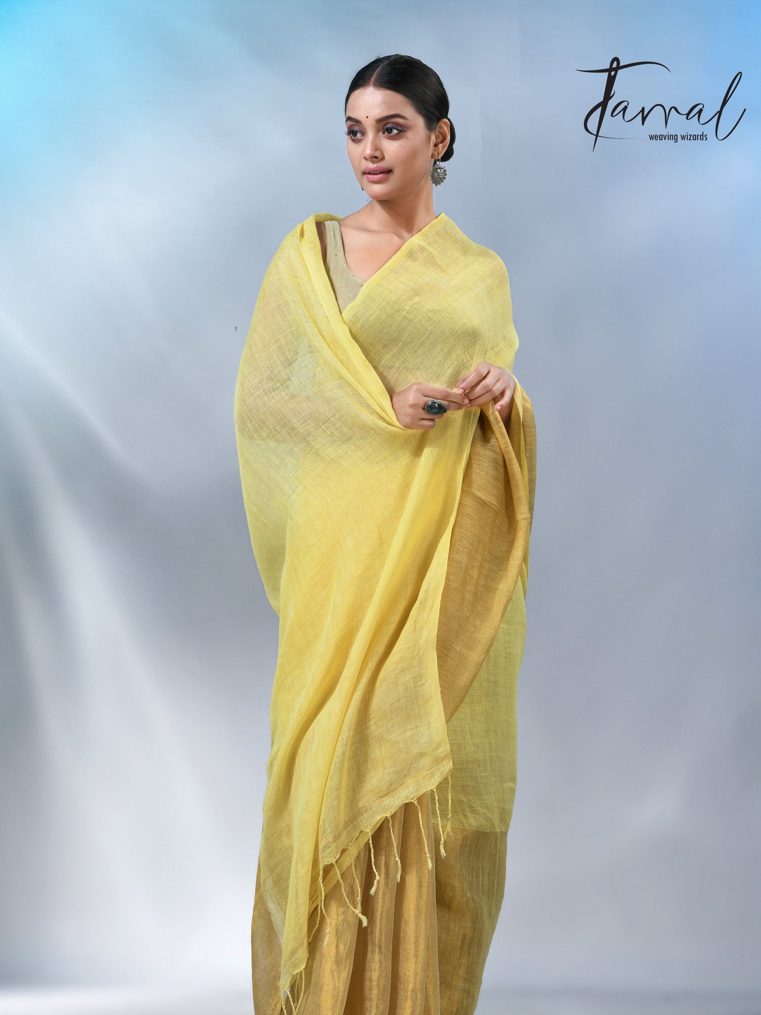 Light yellow with half golden zari pure linen handloom saree