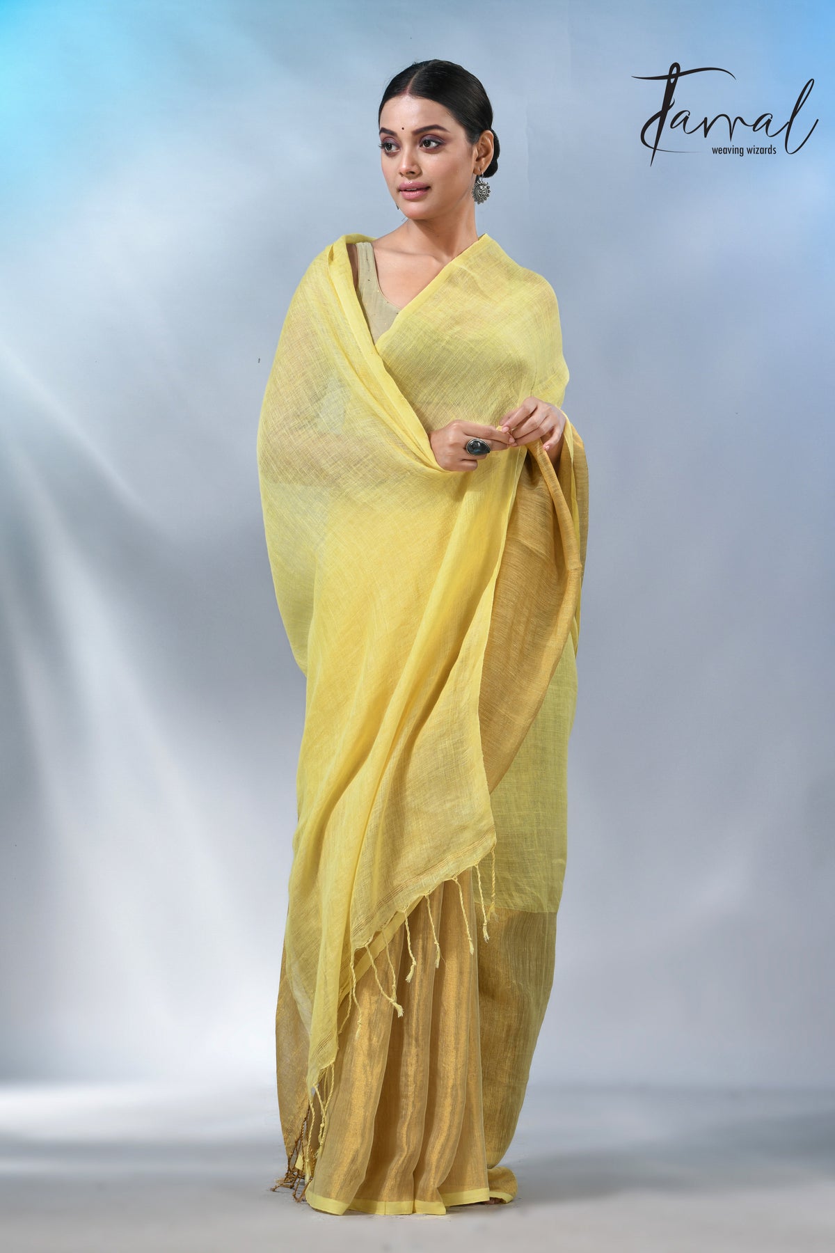 Light yellow with half golden zari pure linen handloom saree