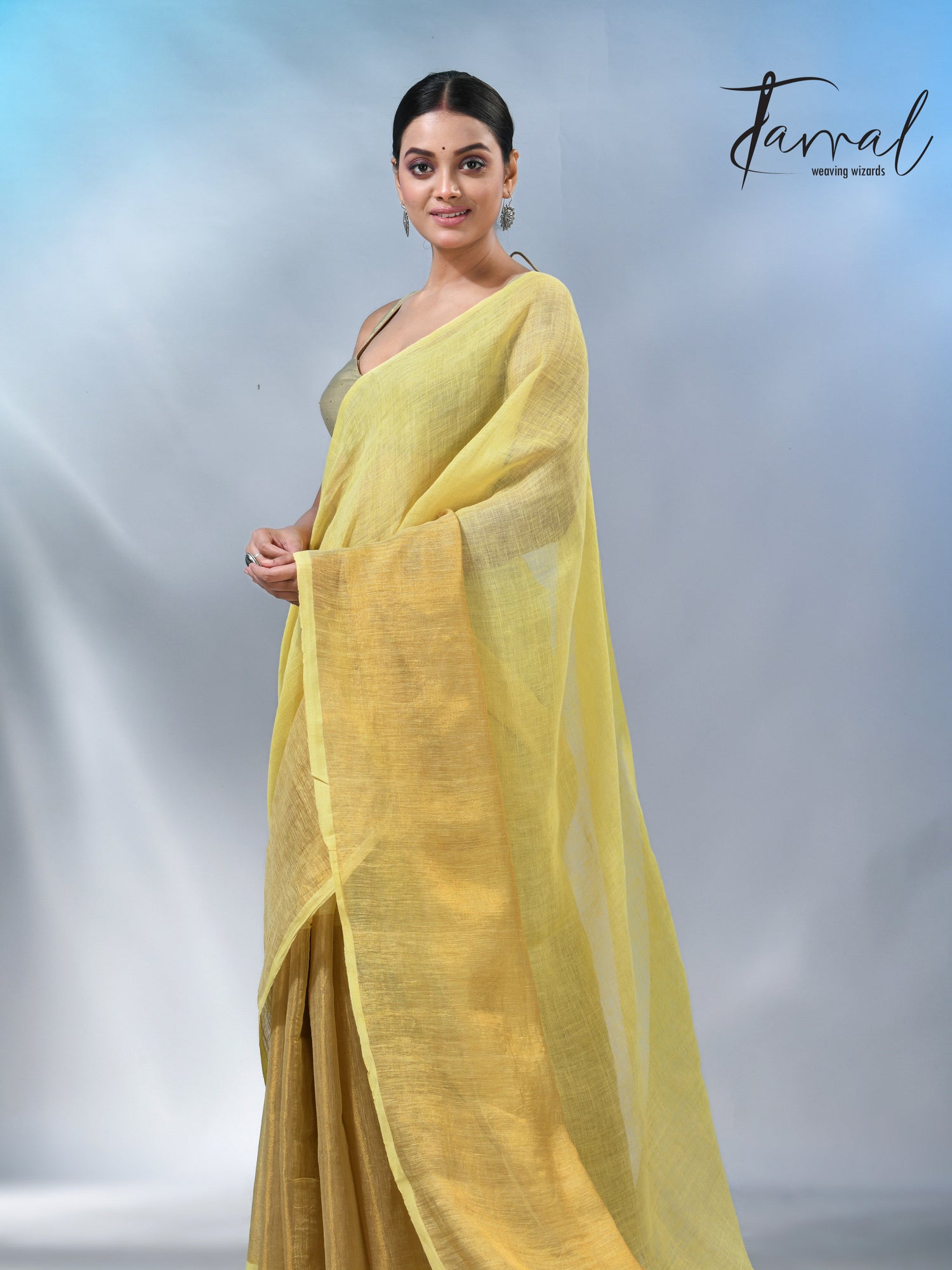 Light yellow with half golden zari pure linen handloom saree