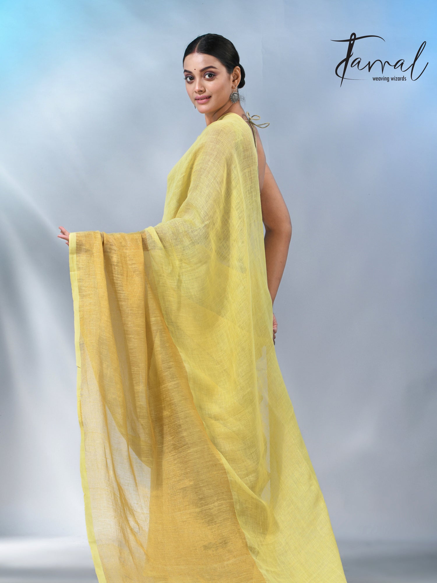 Light yellow with half golden zari pure linen handloom saree