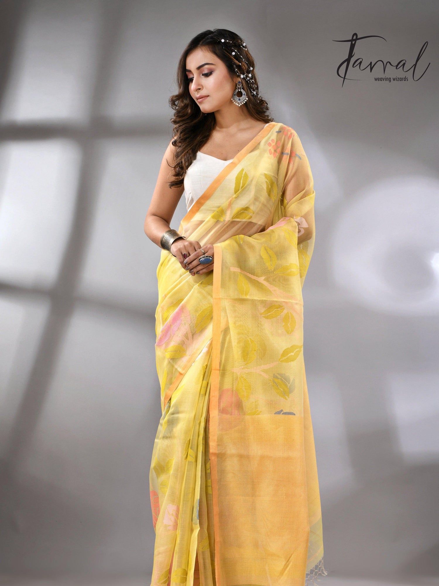 Light yellow with multi colour allover floral handwoven jamdani saree - Tamal Boutique