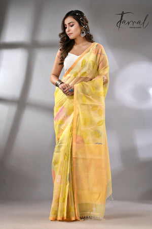 Light yellow with multi colour allover floral handwoven jamdani saree - Tamal Boutique