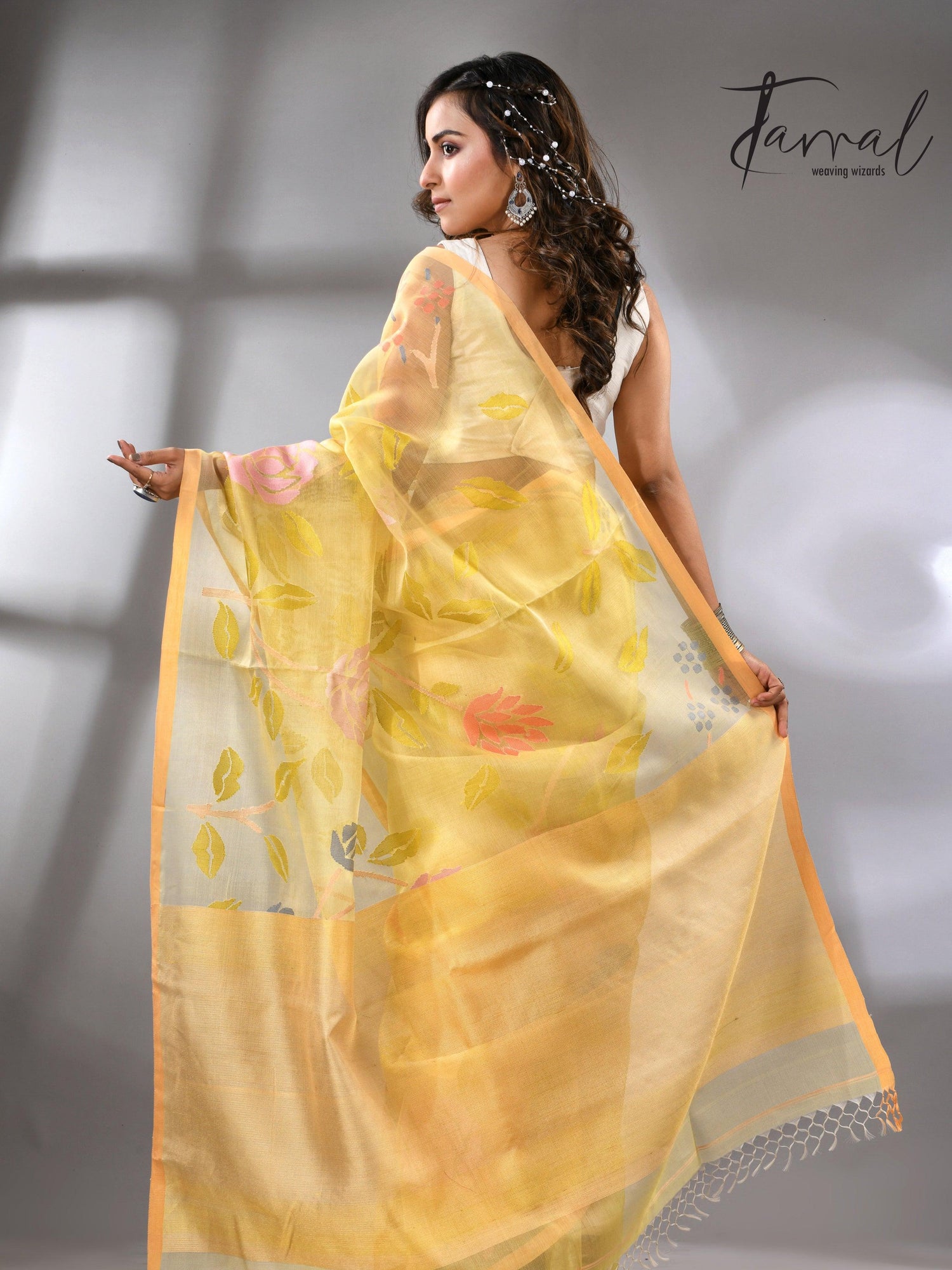 Light yellow with multi colour allover floral handwoven jamdani saree - Tamal Boutique