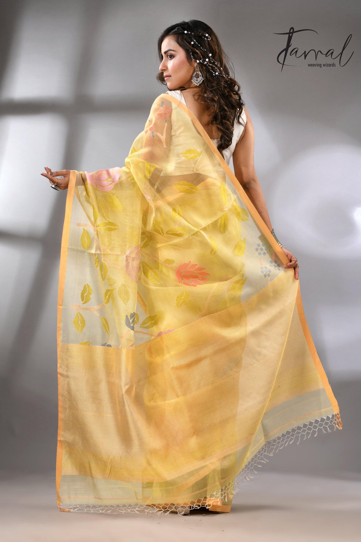 Light yellow with multi colour allover floral handwoven jamdani saree - Tamal Boutique