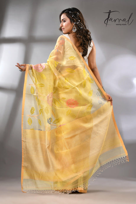 Light yellow with multi colour allover floral handwoven jamdani saree - Tamal Boutique