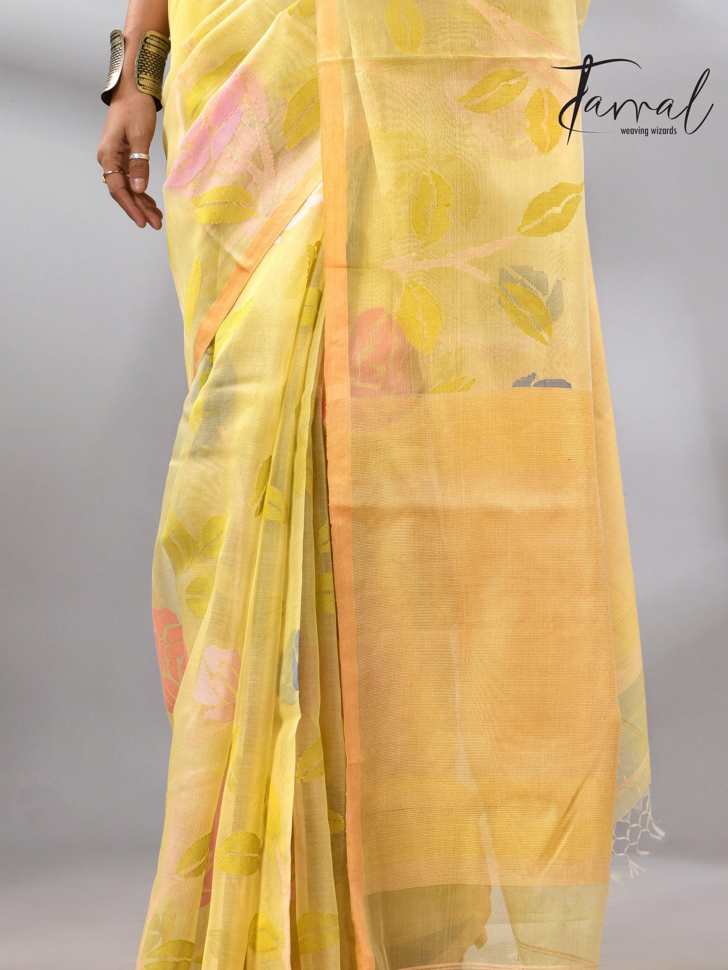 Light yellow with multi colour allover floral handwoven jamdani saree - Tamal Boutique