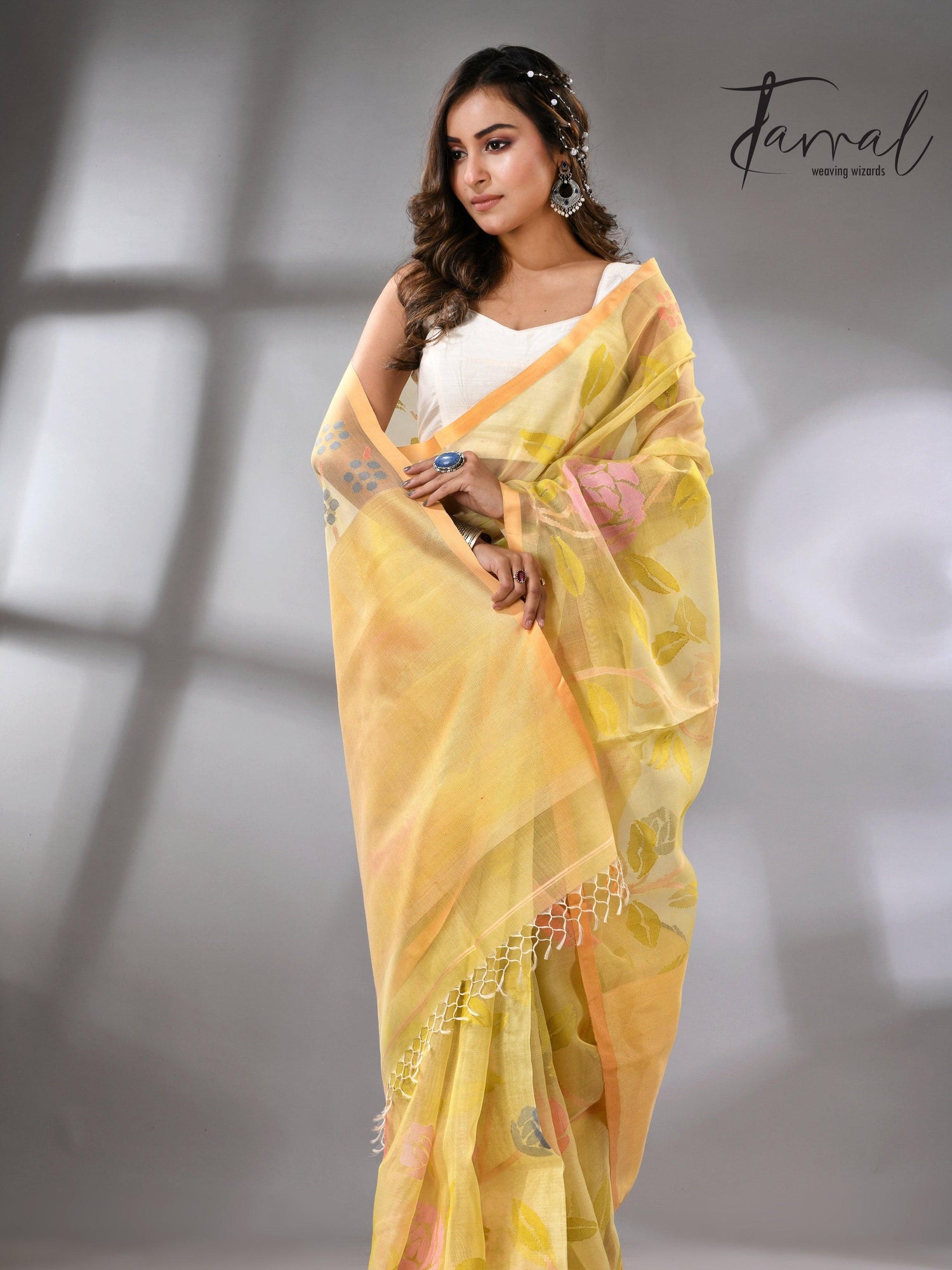 Light yellow with multi colour allover floral handwoven jamdani saree - Tamal Boutique