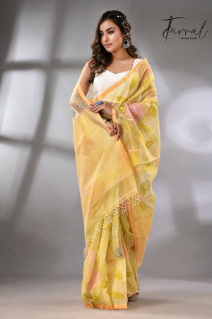 Light yellow with multi colour allover floral handwoven jamdani saree - Tamal Boutique