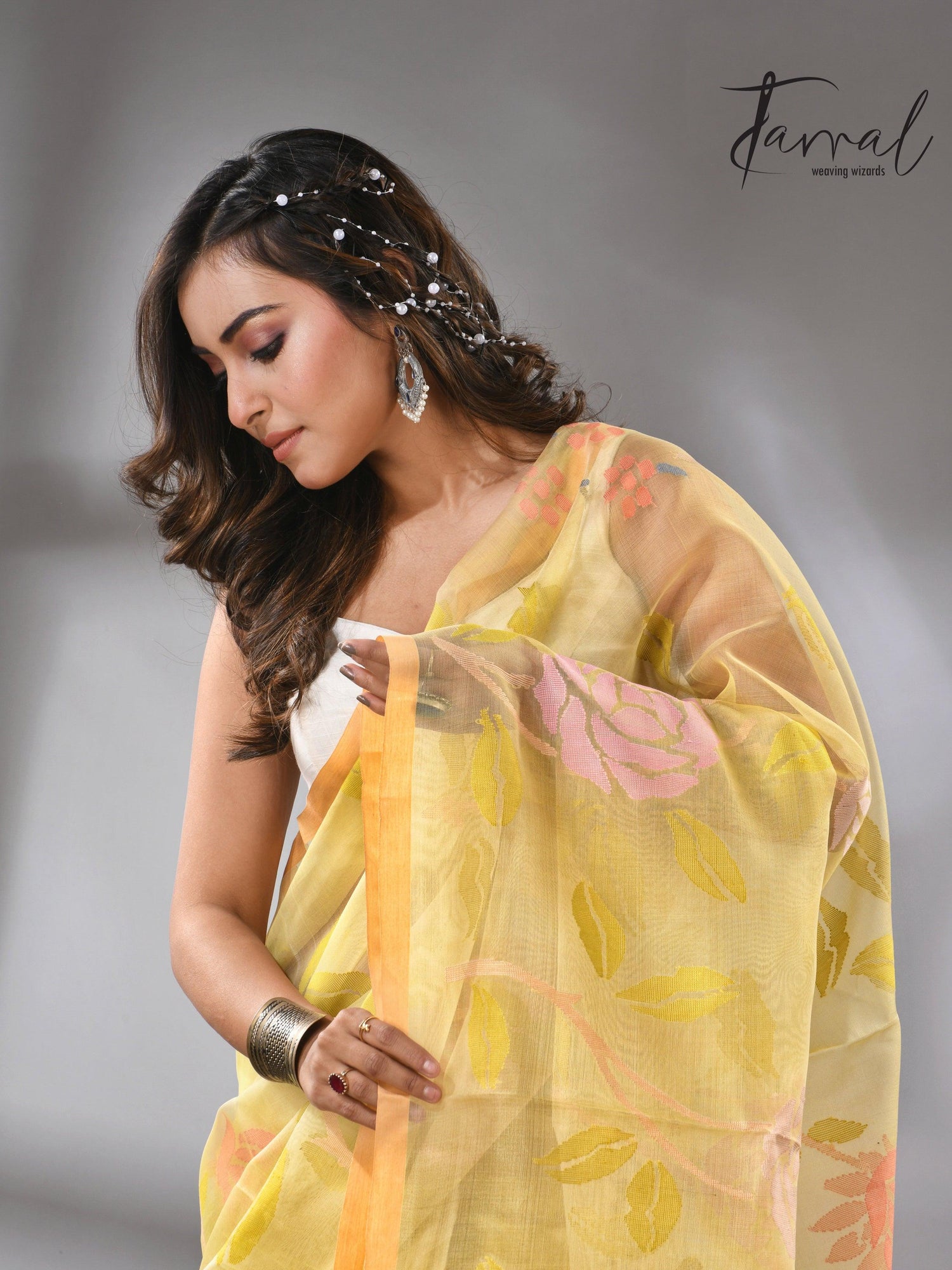 Light yellow with multi colour allover floral handwoven jamdani saree - Tamal Boutique