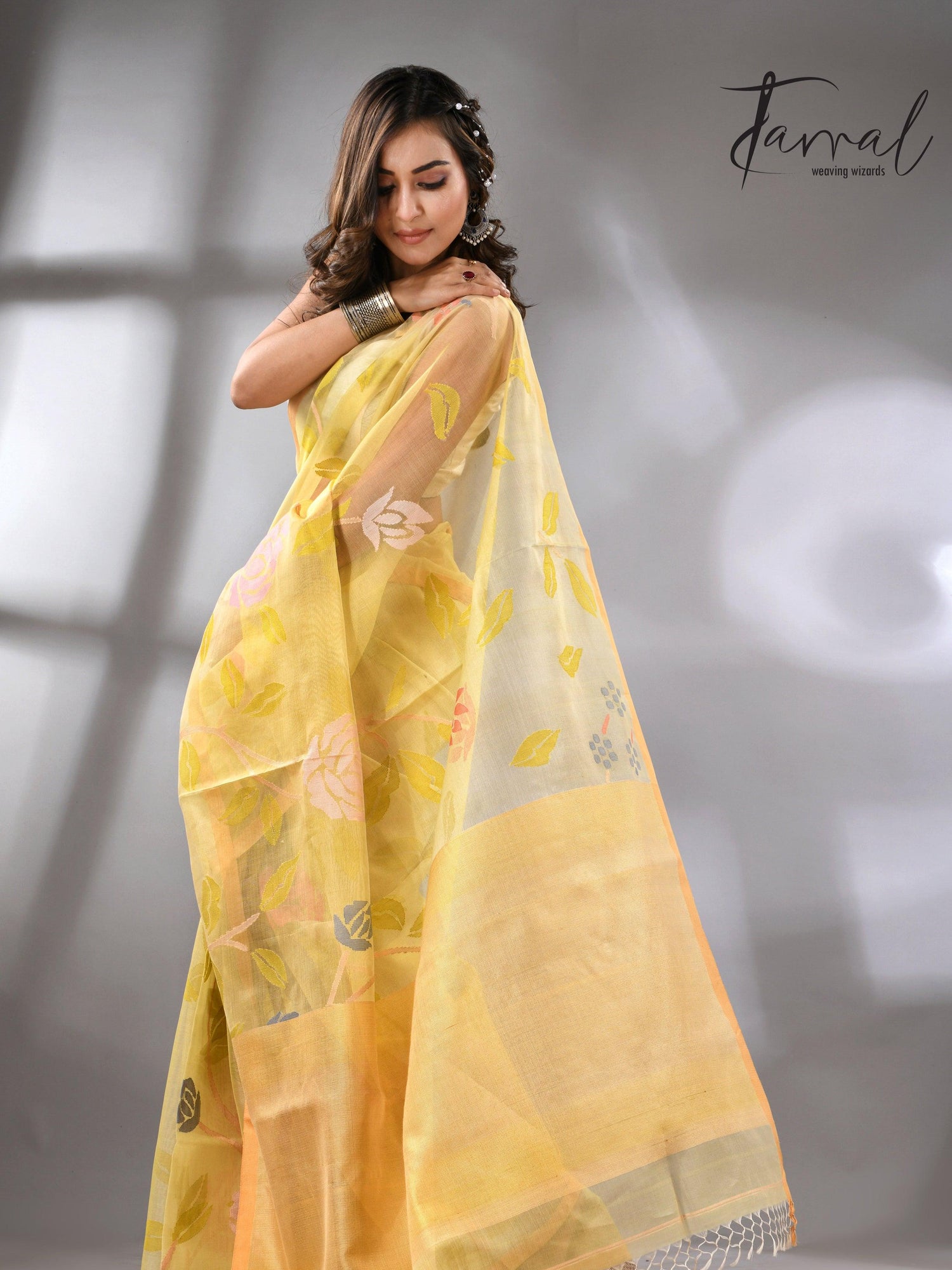 Light yellow with multi colour allover floral handwoven jamdani saree - Tamal Boutique